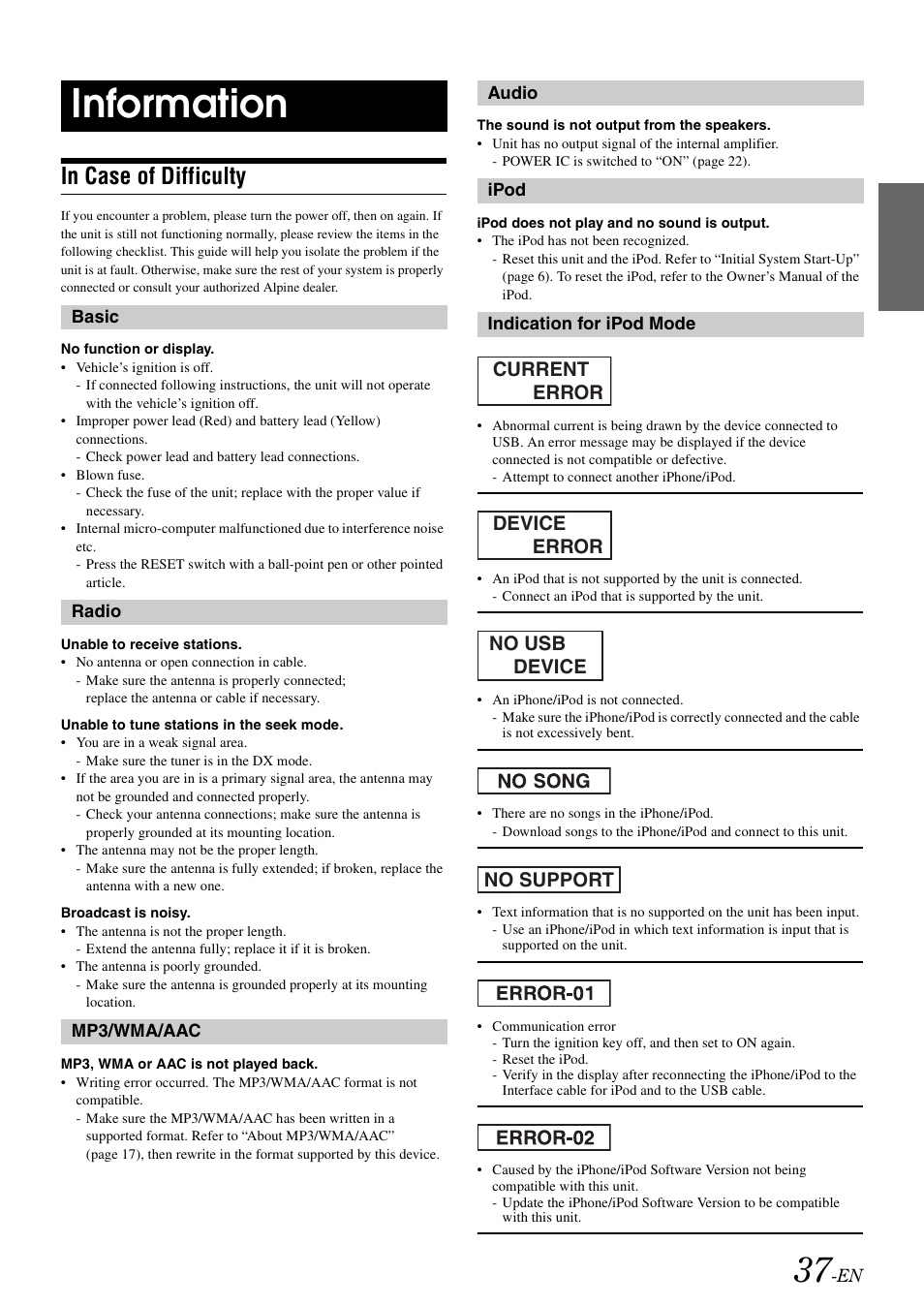 Information, In case of difficulty | Alpine IDA-X303 User Manual | Page 39 / 48