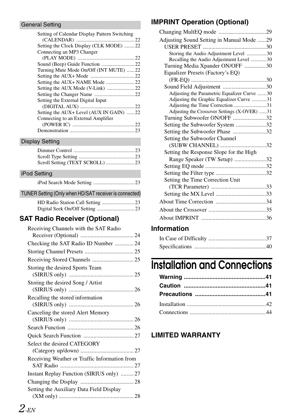 Installation and connections, Sat radio receiver (optional), Imprint operation (optional) | Information, Limited warranty | Alpine IDA-X303 User Manual | Page 4 / 48