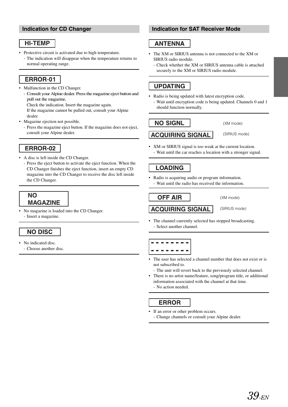 Hi-temp no magazine, Acquiring signal | Alpine IDA-X303 User Manual | Page 41 / 48