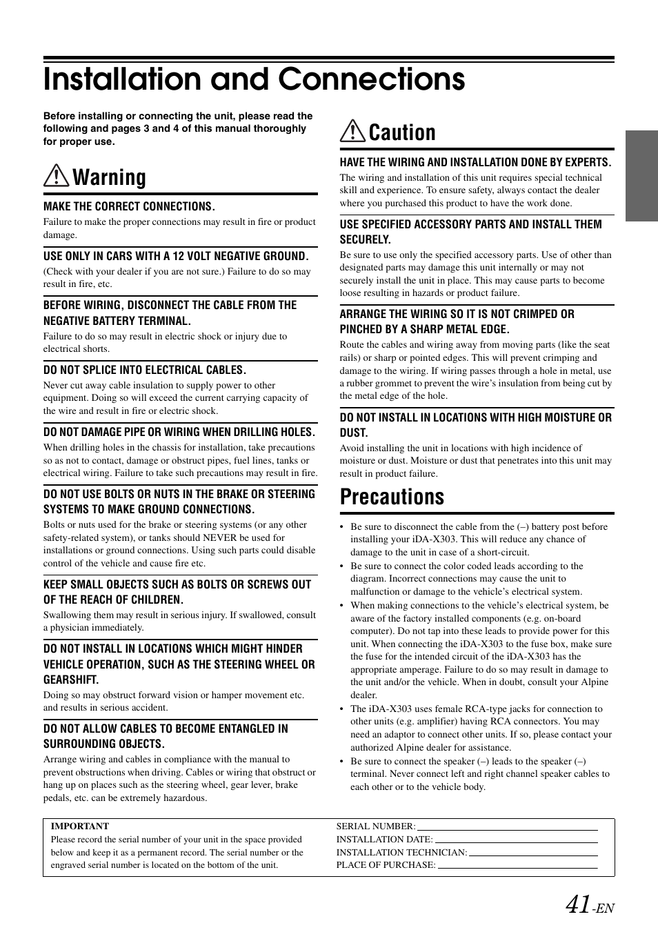 Installation and connections, Warning, Caution | Precautions | Alpine IDA-X303 User Manual | Page 43 / 48