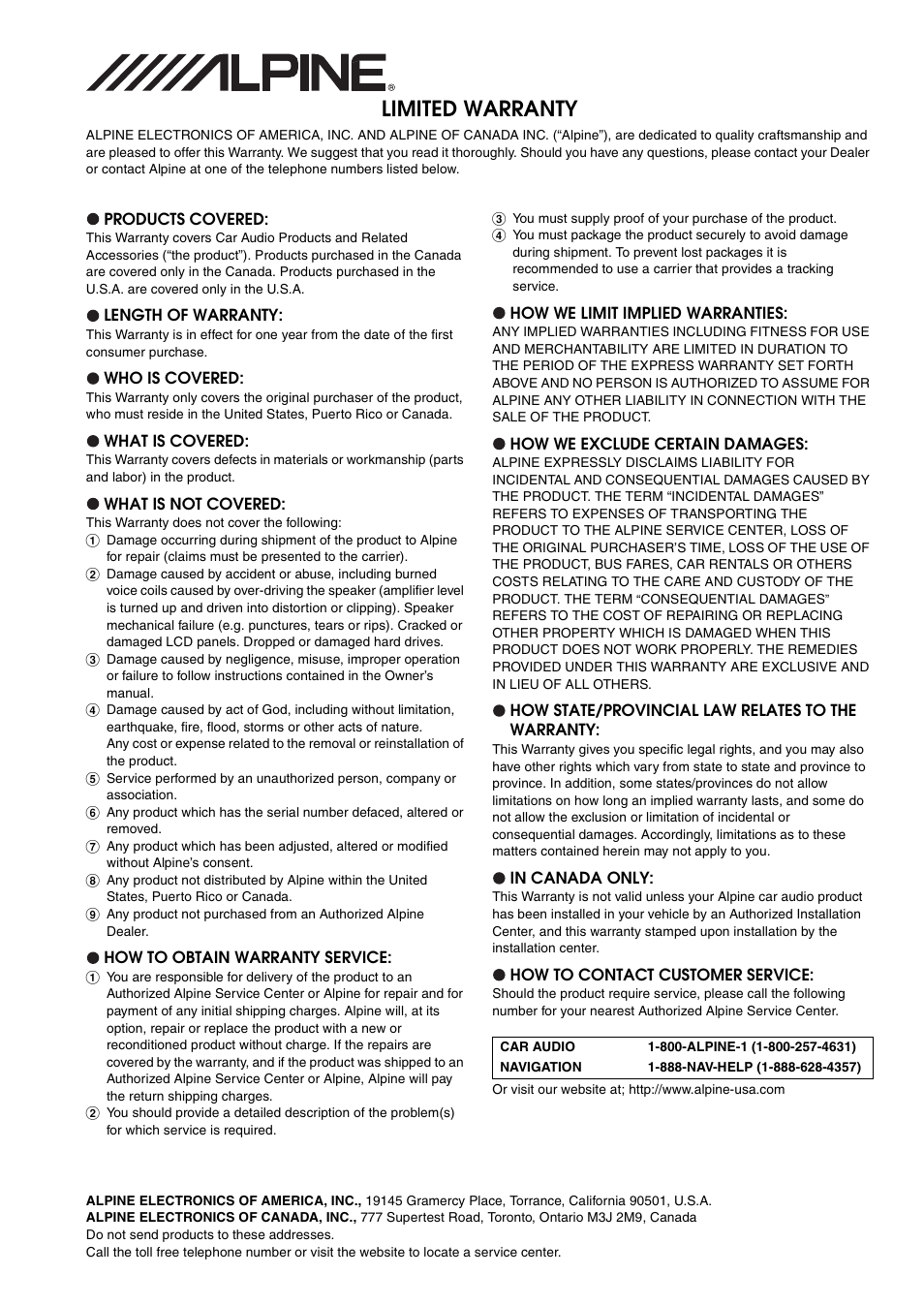 Limited warranty | Alpine IDA-X303 User Manual | Page 48 / 48