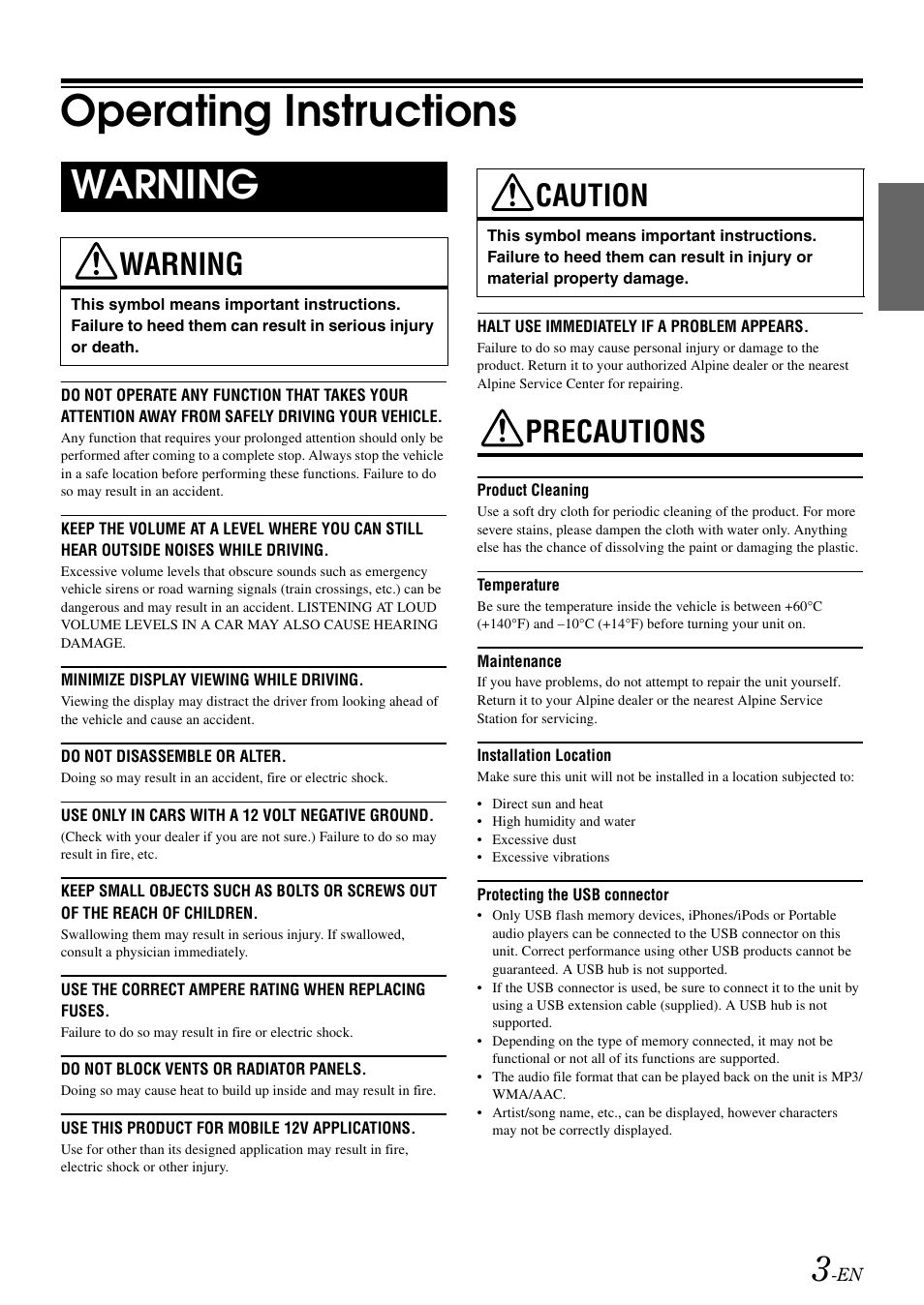 Operating instructions, Warning, Caution | Precautions | Alpine IDA-X303 User Manual | Page 5 / 48