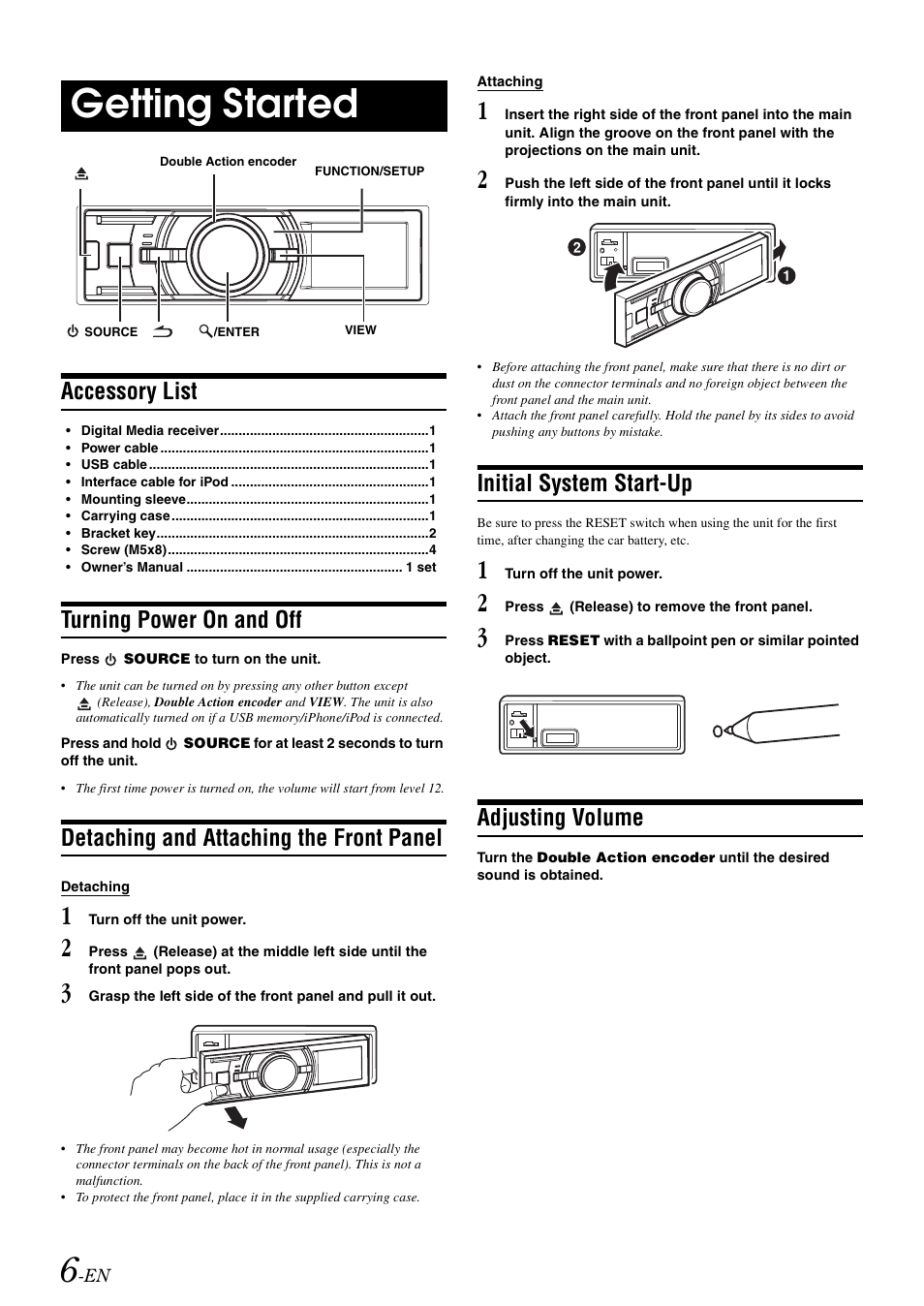 Getting started, Accessory list, Turning power on and off | Detaching and attaching the front panel, Initial system start-up, Adjusting volume | Alpine IDA-X303 User Manual | Page 8 / 48