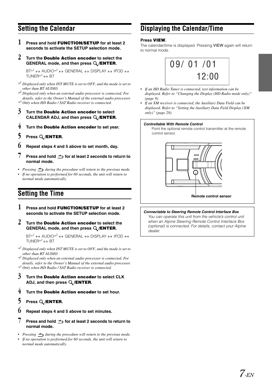 Setting the calendar, Setting the time, Displaying the calendar/time | Alpine IDA-X303 User Manual | Page 9 / 48