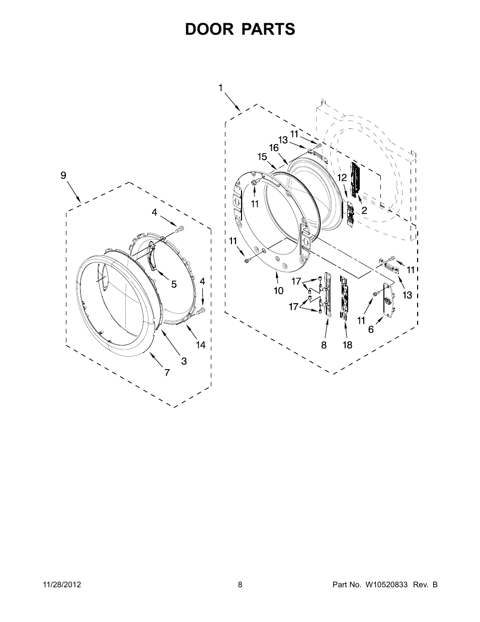 Door, Door parts | Whirlpool WED96HEAC User Manual | Page 8 / 10