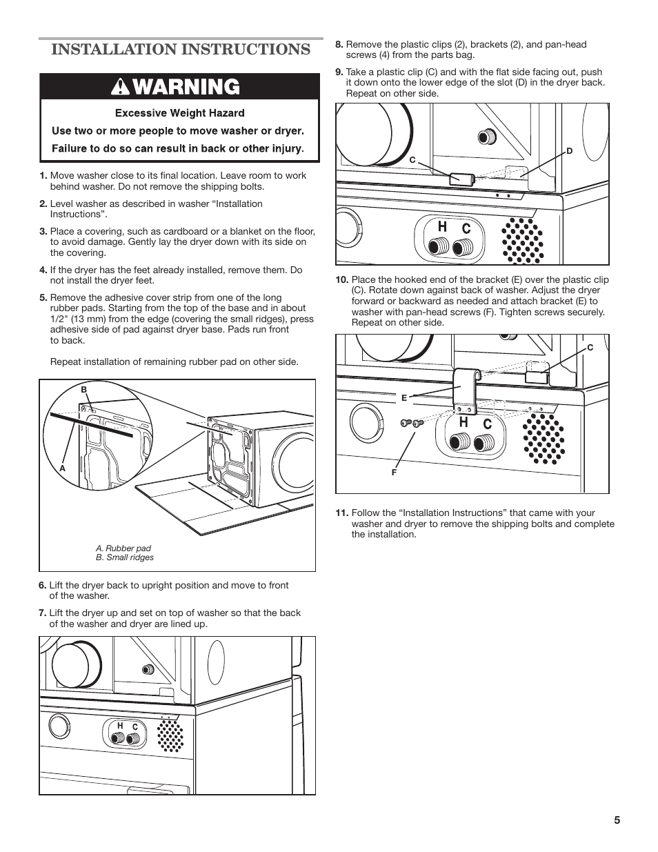 Installation instructions | Whirlpool W10298318RP User Manual | Page 5 / 16