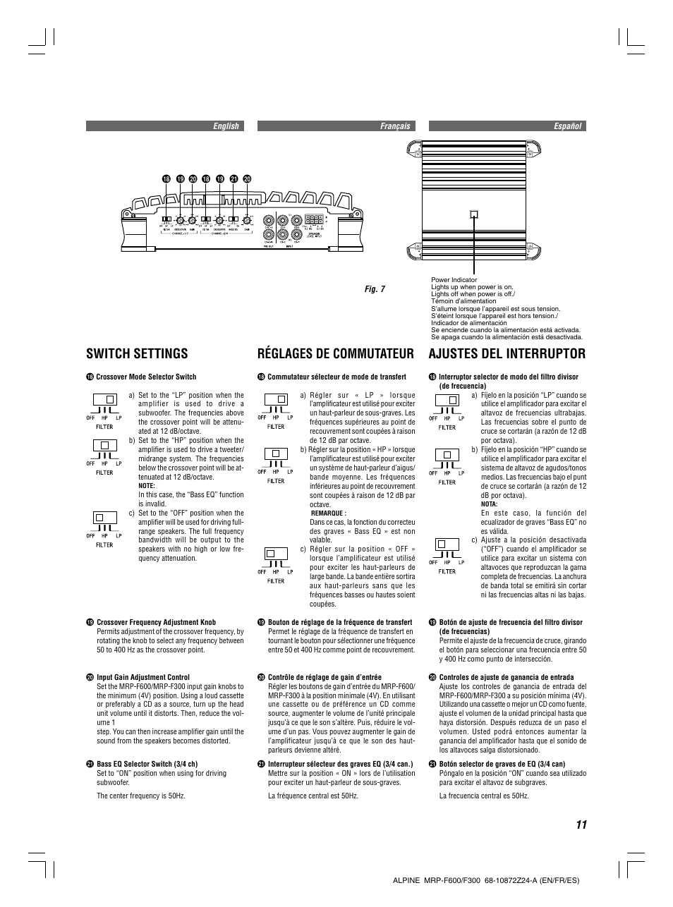 Switch settings, Réglages de commutateur, Ajustes del interruptor | Alpine MRP-F300 User Manual | Page 11 / 20