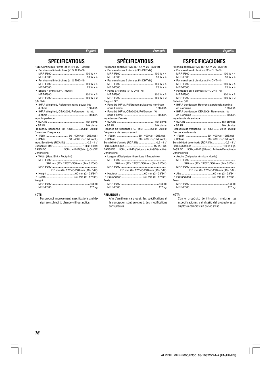 Specifications, Spécifications, Especificaciones | Alpine MRP-F300 User Manual | Page 16 / 20