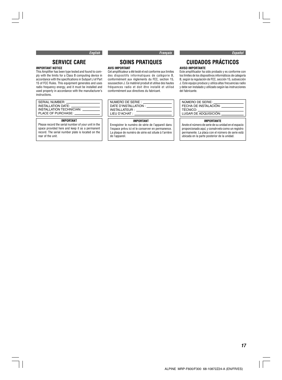 Service care, Soins pratiques, Cuidados prácticos | Alpine MRP-F300 User Manual | Page 17 / 20