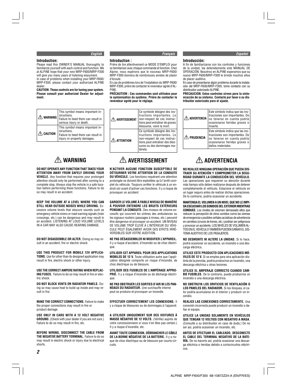 Avertissement, Warning, Advertencia | Alpine MRP-F300 User Manual | Page 2 / 20