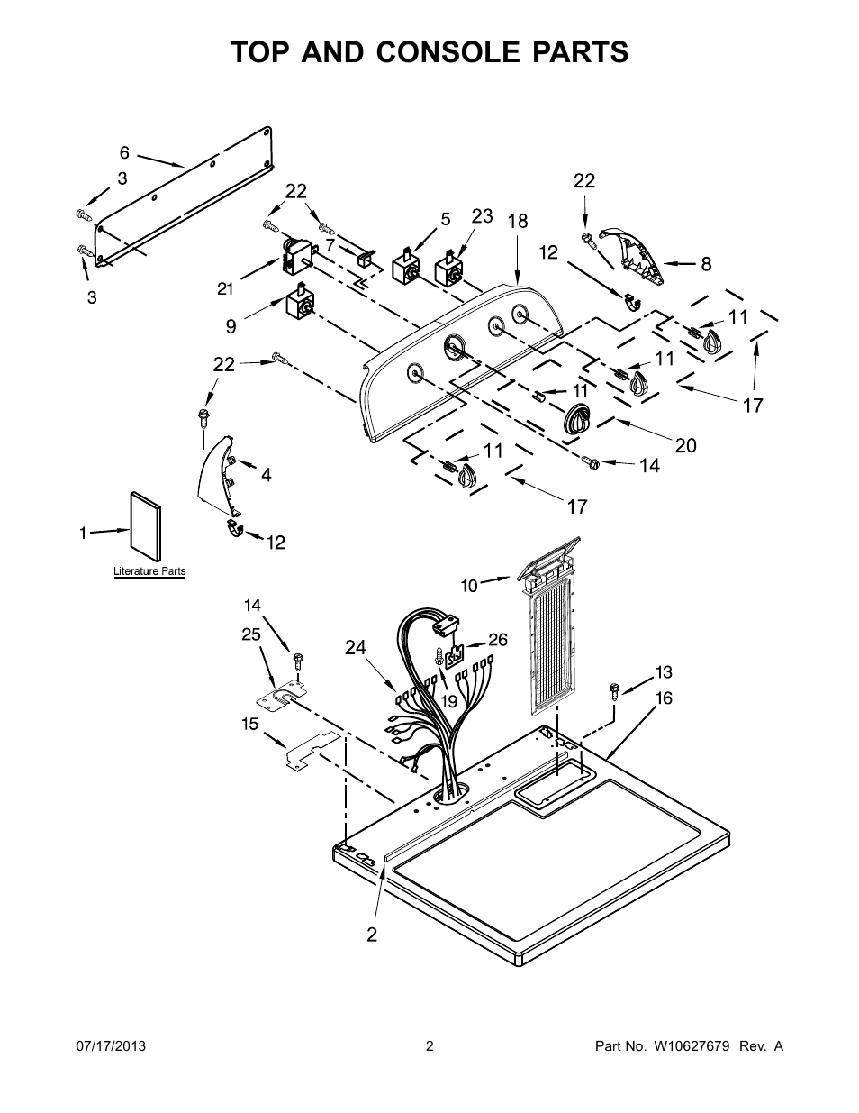 Top and console, Top and console parts | Whirlpool WED4850BW User Manual | Page 2 / 8