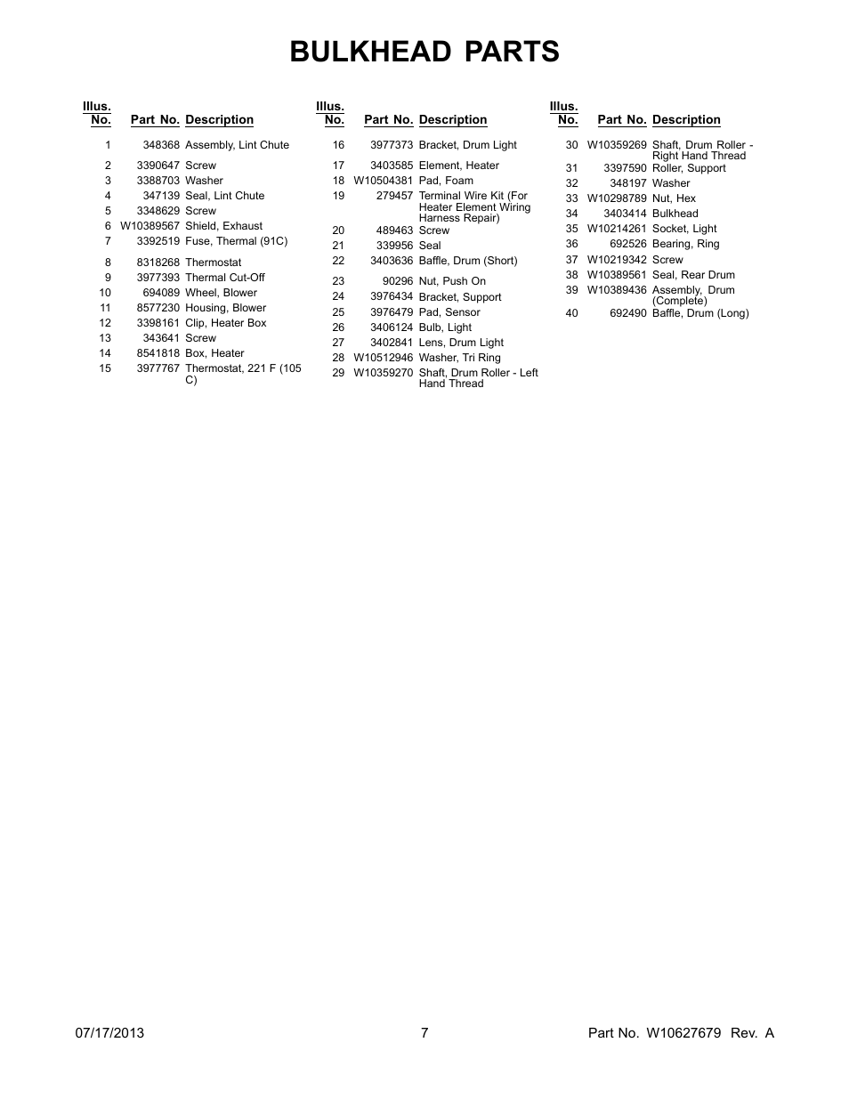 Bulkhead parts | Whirlpool WED4850BW User Manual | Page 7 / 8