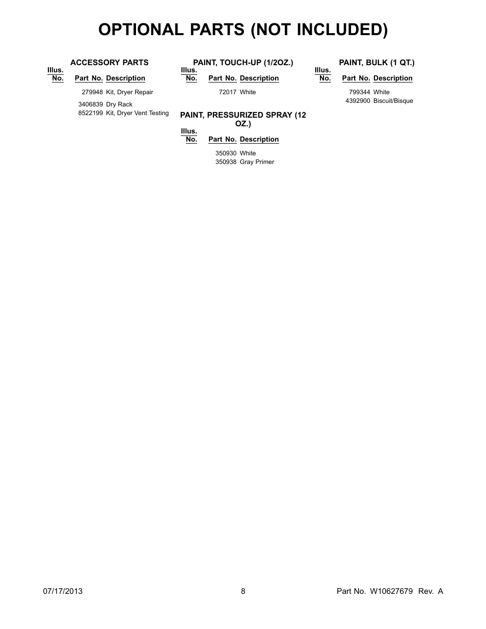 Optional, Optional parts (not included) | Whirlpool WED4850BW User Manual | Page 8 / 8