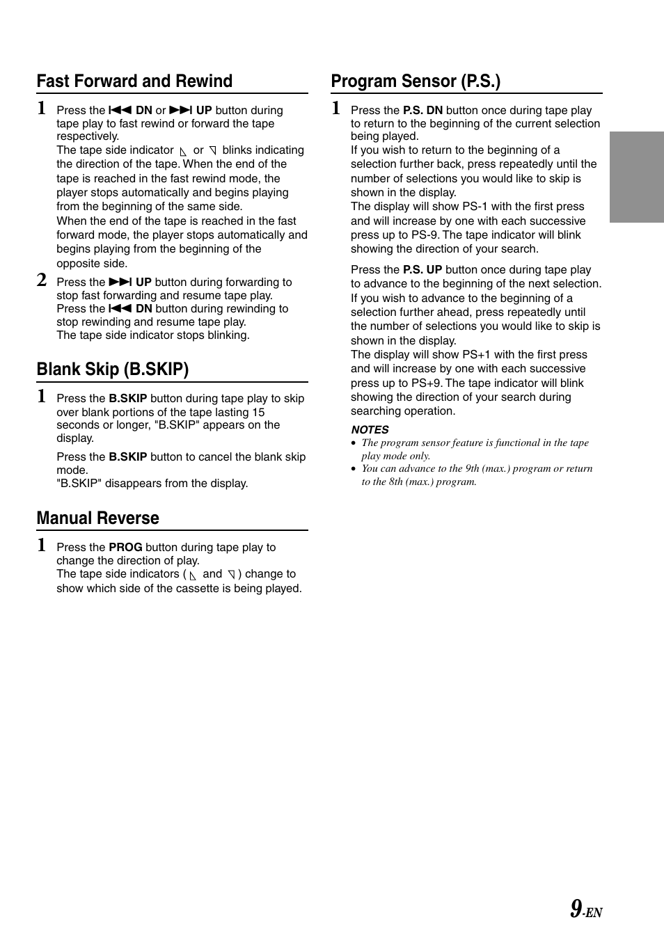 Fast forward and rewind, Blank skip (b.skip), Manual reverse | Program sensor (p.s.) | Alpine TDM-7582 User Manual | Page 11 / 24