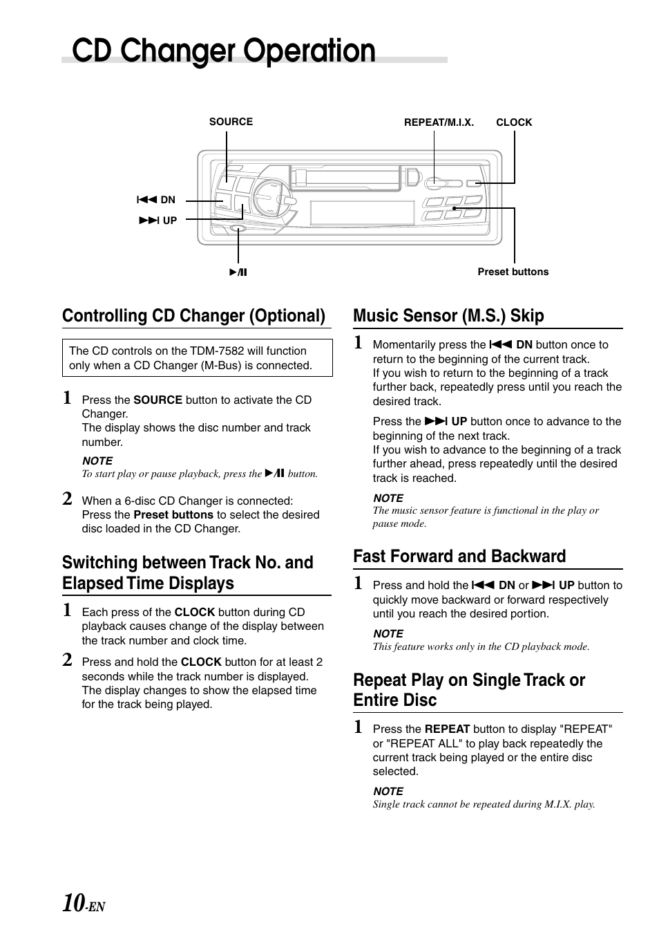 Cd changer operation, Music sensor (m.s.) skip, Fast forward and backward | Repeat play on single track or entire disc, Controlling cd changer (optional) | Alpine TDM-7582 User Manual | Page 12 / 24