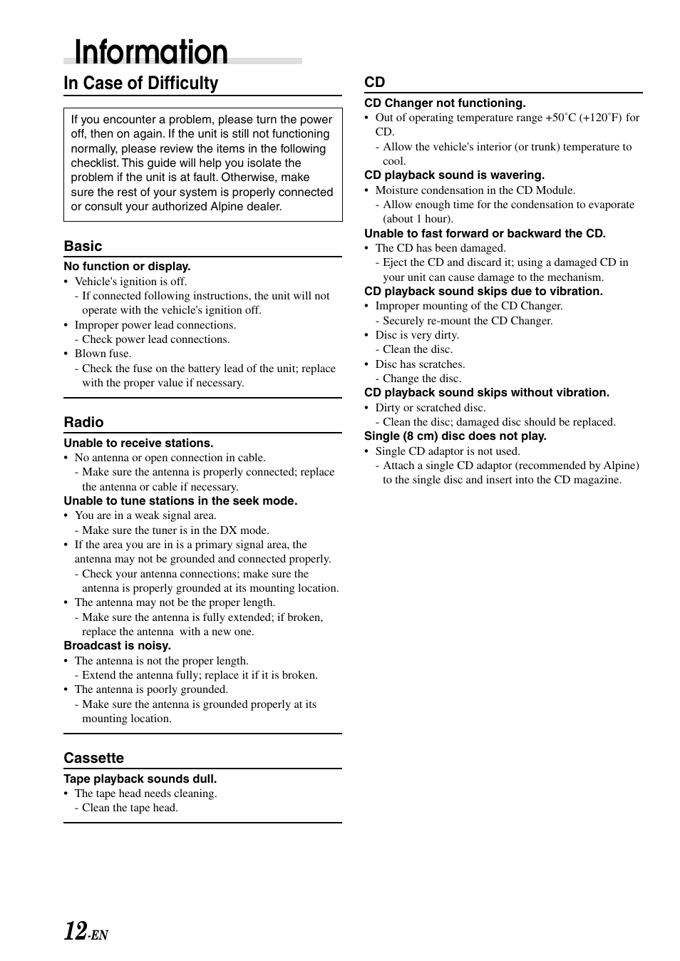 Troubleshooting, Information | Alpine TDM-7582 User Manual | Page 14 / 24