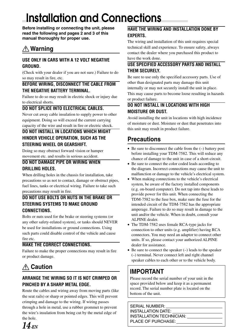 Installation and connections, Warning, Caution | Precautions, Important | Alpine TDM-7582 User Manual | Page 16 / 24