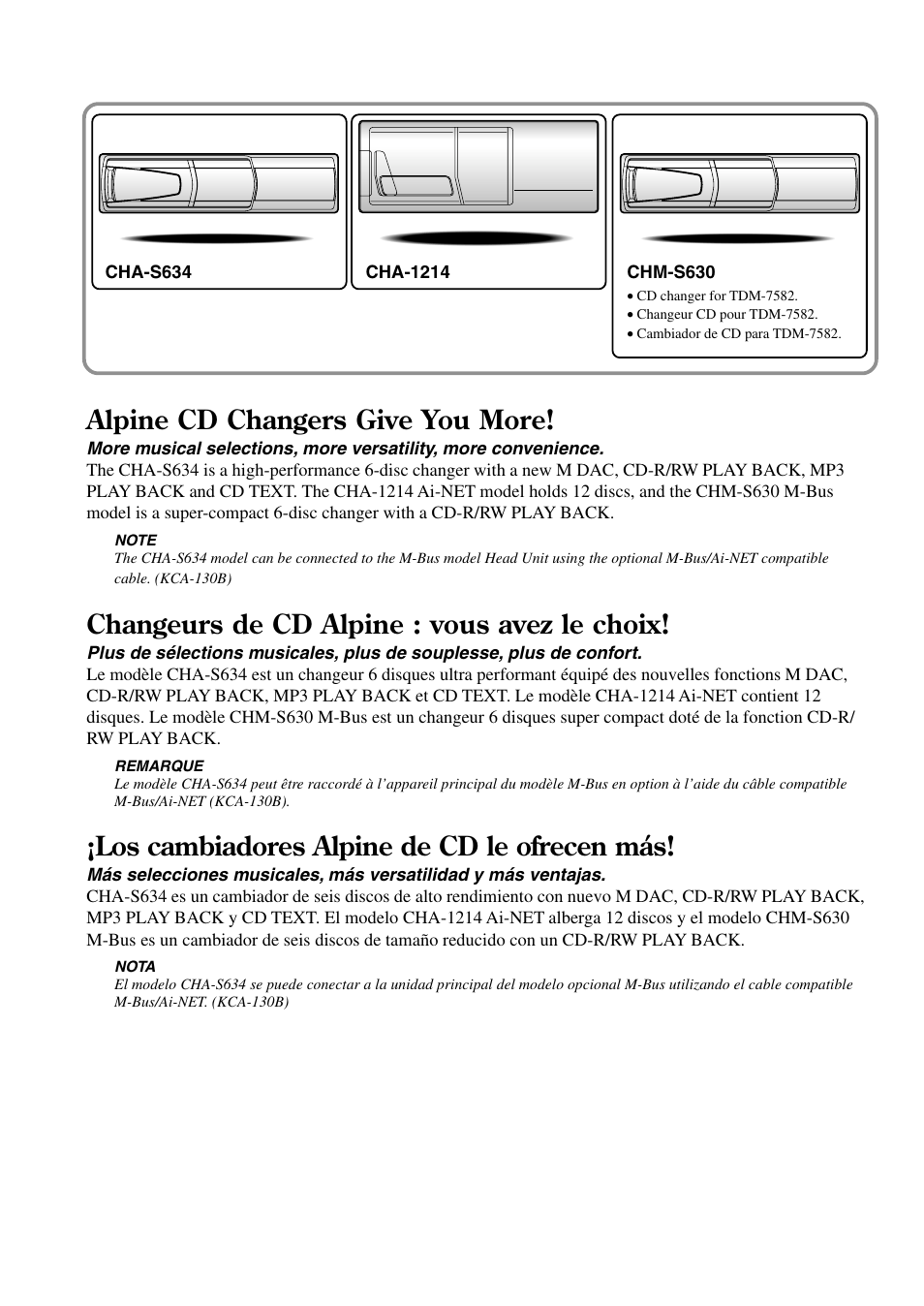 Alpine cd changers give you more, Changeurs de cd alpine : vous avez le choix, Los cambiadores alpine de cd le ofrecen más | Alpine TDM-7582 User Manual | Page 2 / 24