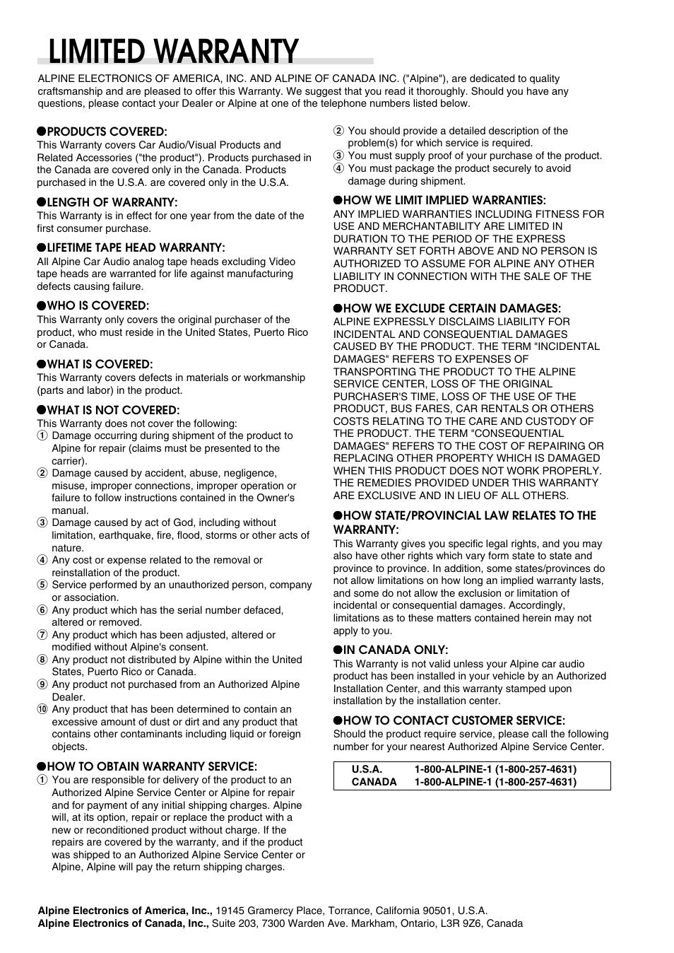 Warranty info, Limited warranty | Alpine TDM-7582 User Manual | Page 21 / 24
