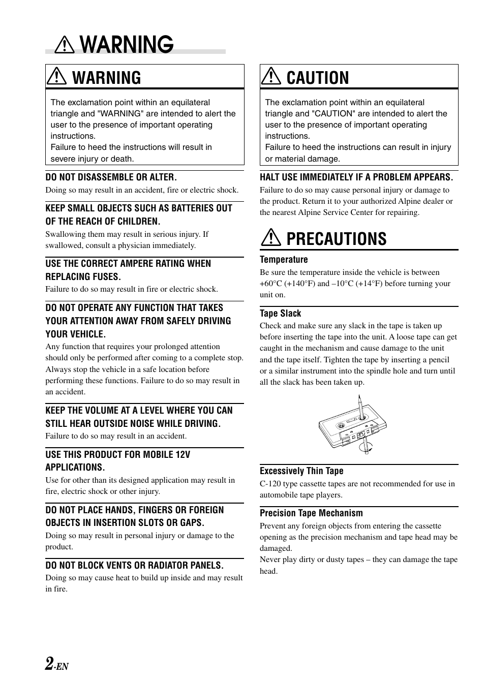 Warning, Caution, Precautions | Alpine TDM-7582 User Manual | Page 4 / 24