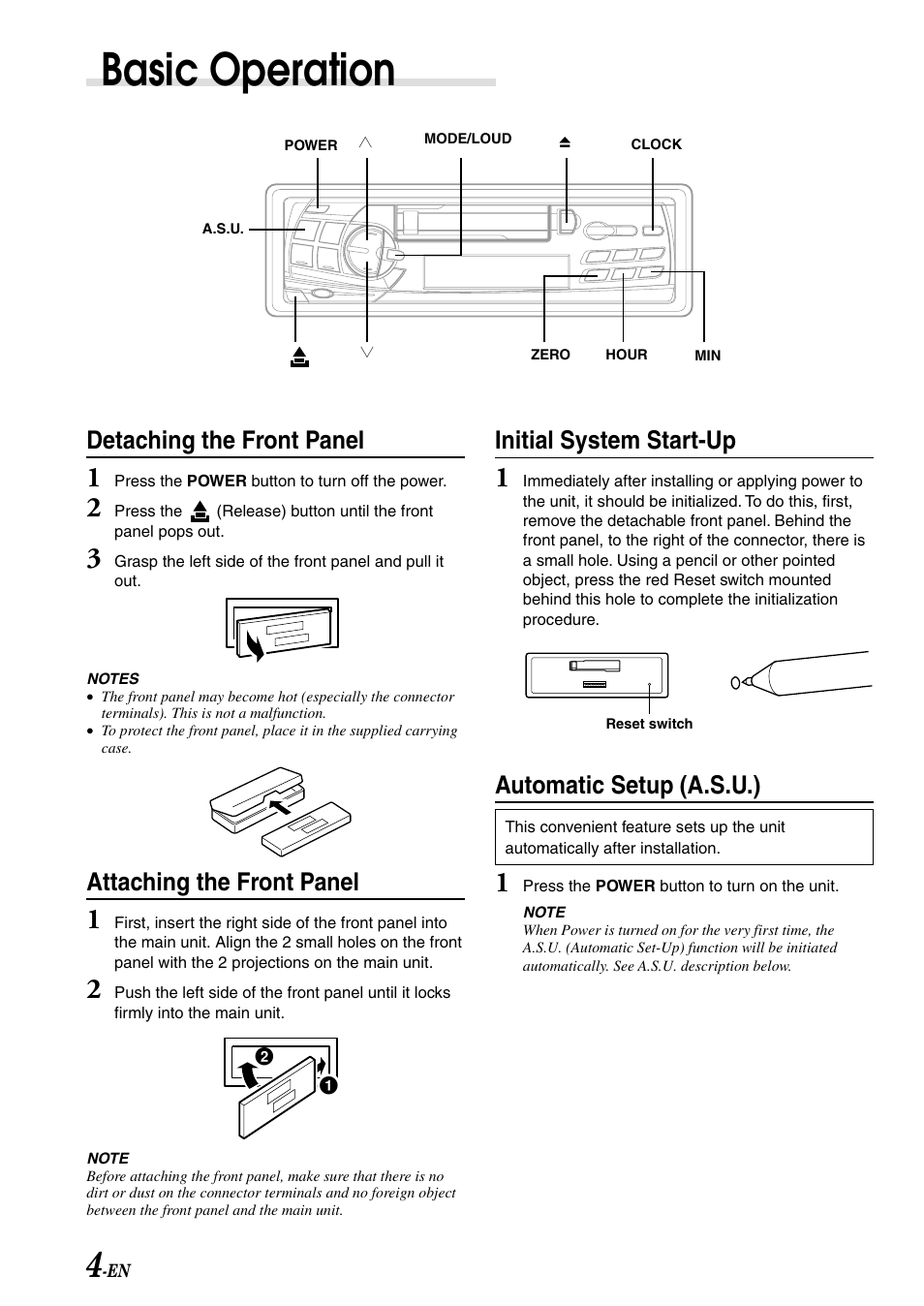 Basic operation, Reset switch, Initial system start-up | Detaching the front panel, Attaching the front panel, Automatic setup (a.s.u.) | Alpine TDM-7582 User Manual | Page 6 / 24