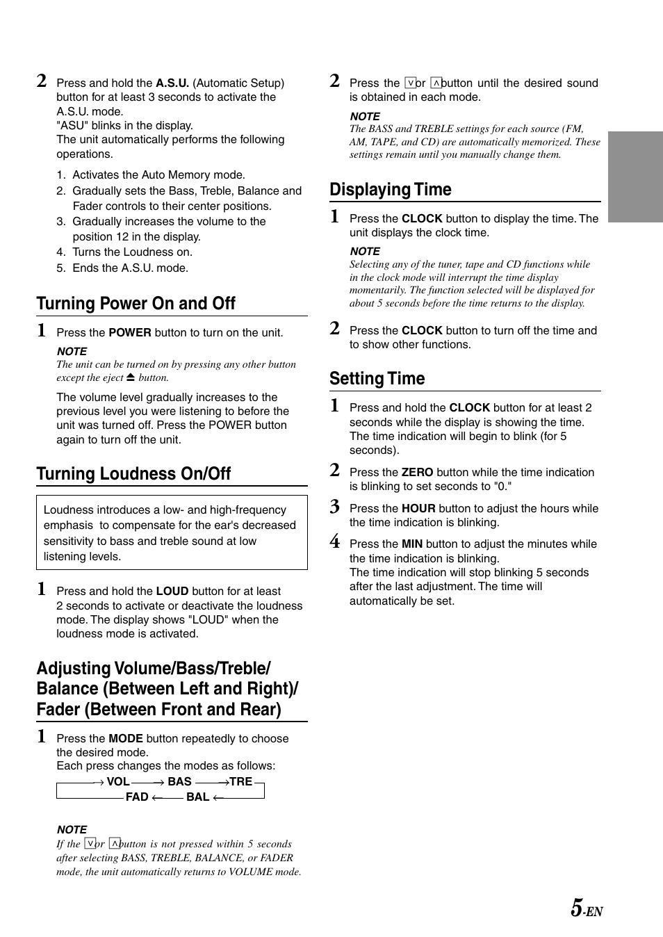 Turning power on and off, Turning loudness on/off, Displaying time | Setting time | Alpine TDM-7582 User Manual | Page 7 / 24