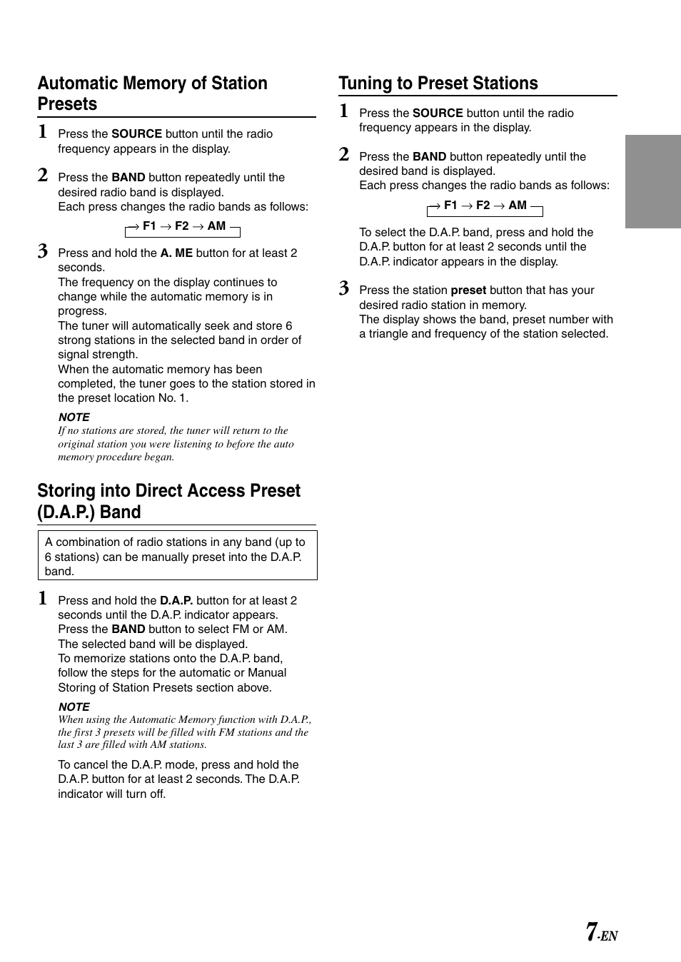 Automatic memory of station presets, Storing into direct access preset (d.a.p.) band, Tuning to preset stations | Alpine TDM-7582 User Manual | Page 9 / 24