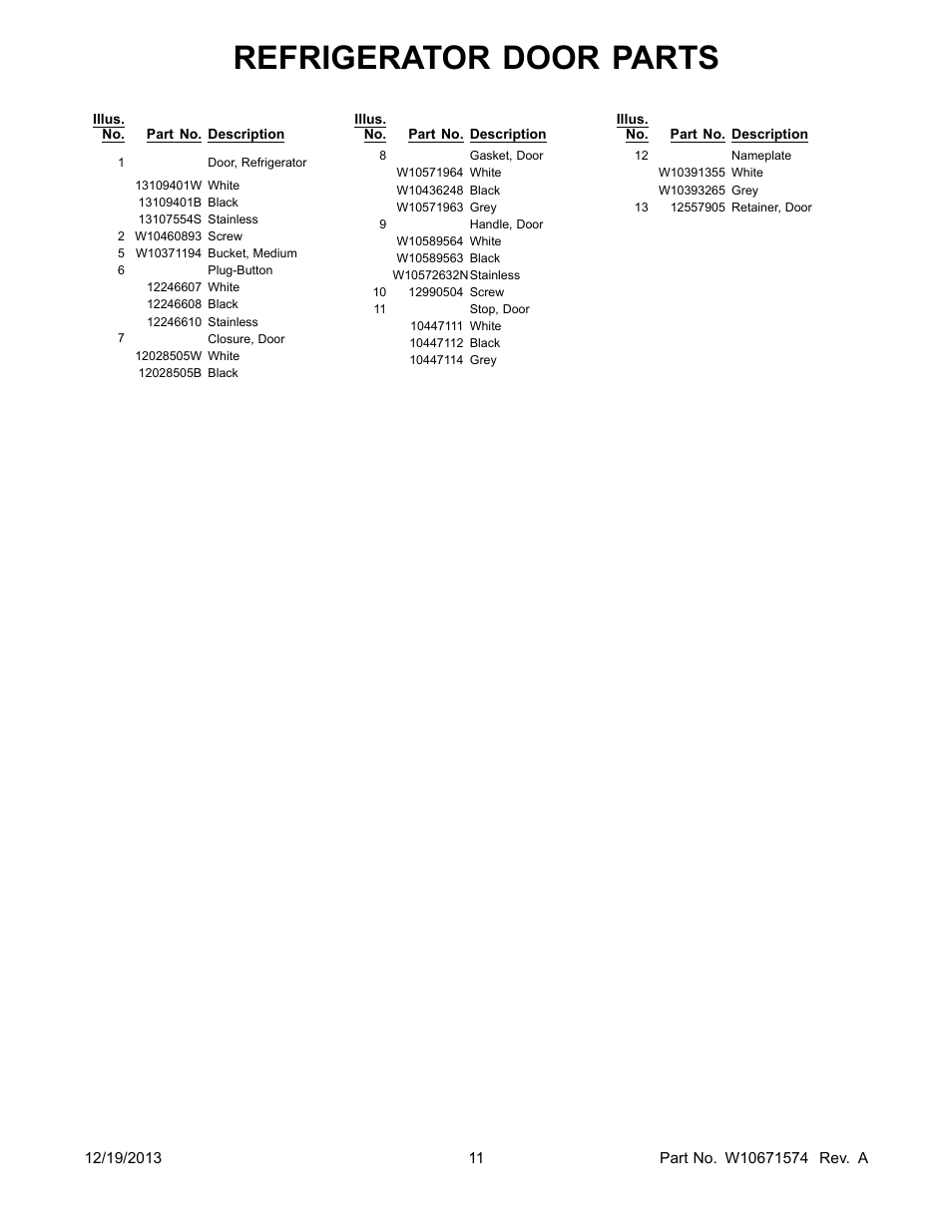 Refrigerator door parts | Whirlpool WRB322DMBM User Manual | Page 11 / 18