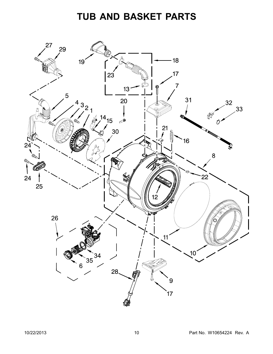 Tub and basket, Tub and basket parts | Whirlpool WFW70HEBW User Manual | Page 10 / 12