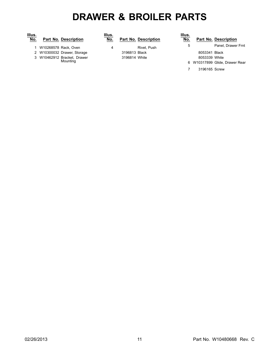 Drawer & broiler parts | Whirlpool WFC130M0AB User Manual | Page 11 / 12