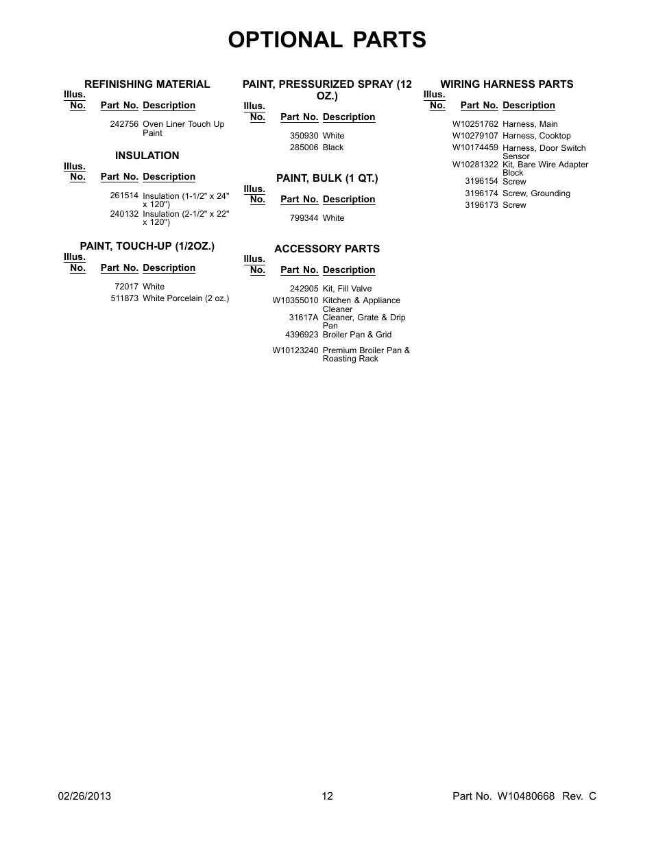 Optional, Optional parts | Whirlpool WFC130M0AB User Manual | Page 12 / 12