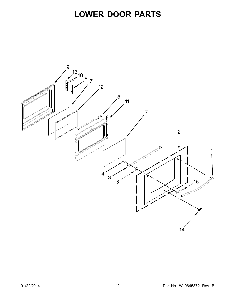 Lower door, Lower door parts | Whirlpool WGG555S0BS User Manual | Page 12 / 14