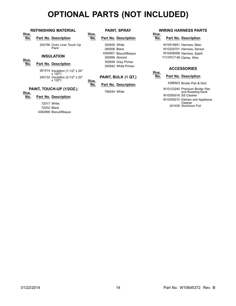 Optional, Optional parts (not included) | Whirlpool WGG555S0BS User Manual | Page 14 / 14