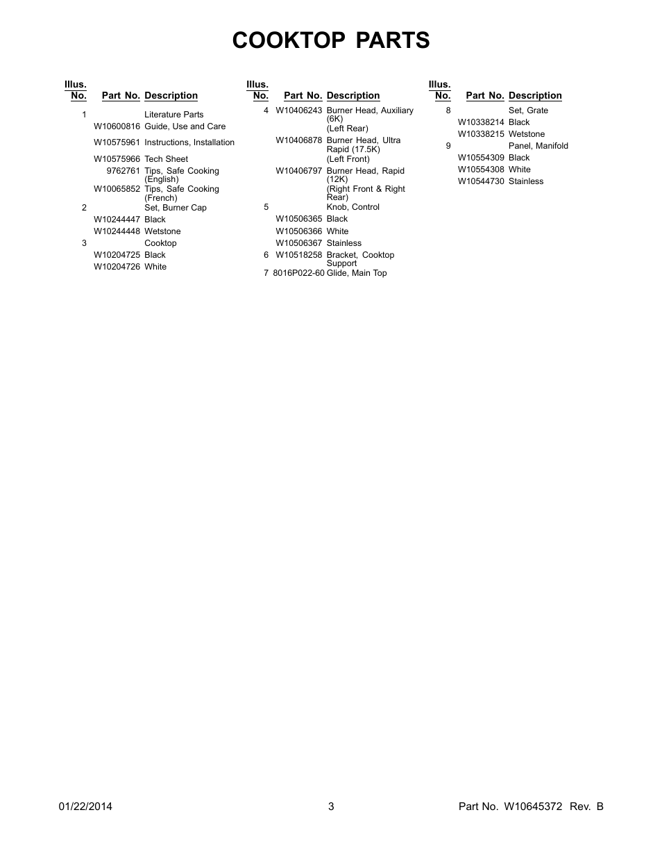 Literature, Cooktop parts | Whirlpool WGG555S0BS User Manual | Page 3 / 14