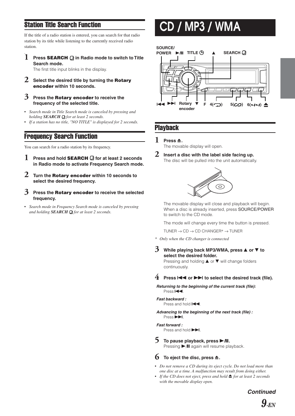 Cd / mp3 / wma, Playback, Station title search function | Frequency search function | Alpine CDA-9831 User Manual | Page 11 / 42