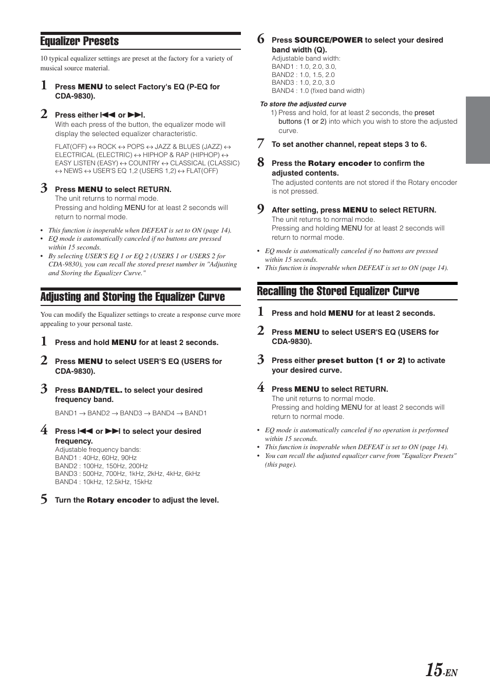 Equalizer presets, Adjusting and storing the equalizer curve, Recalling the stored equalizer curve | Alpine CDA-9831 User Manual | Page 17 / 42