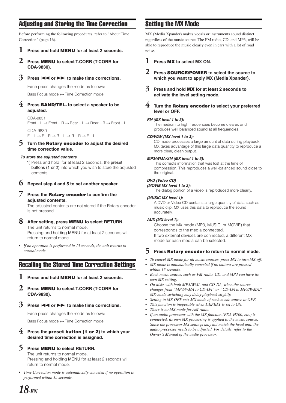 Adjusting and storing the time correction, Recalling the stored time correction settings, Setting the mx mode | Alpine CDA-9831 User Manual | Page 20 / 42