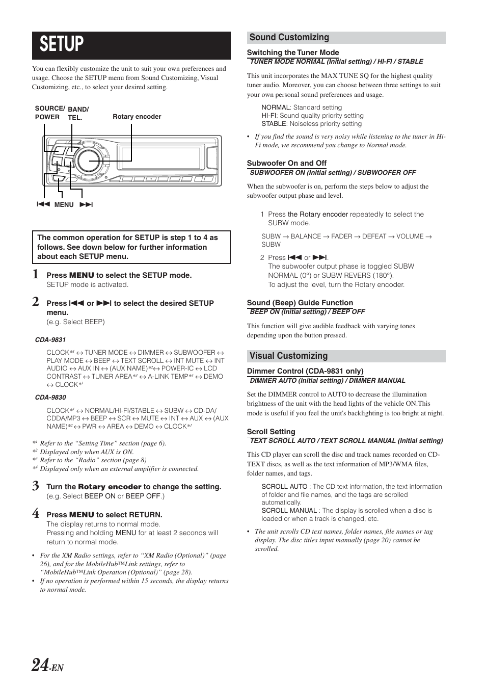 Setup, Sound customizing, Visual customizing | Alpine CDA-9831 User Manual | Page 26 / 42