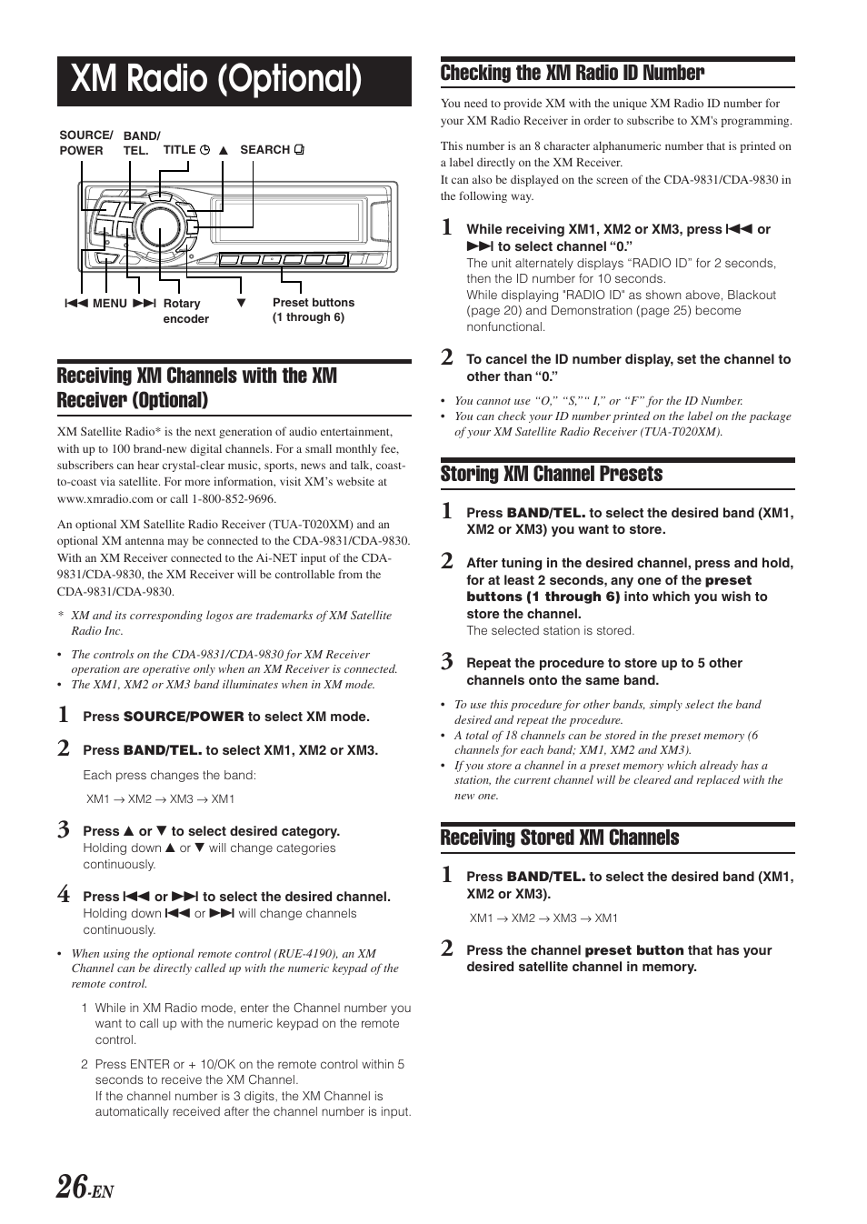 Xm radio (optional), Checking the xm radio id number, Storing xm channel presets | Receiving stored xm channels | Alpine CDA-9831 User Manual | Page 28 / 42