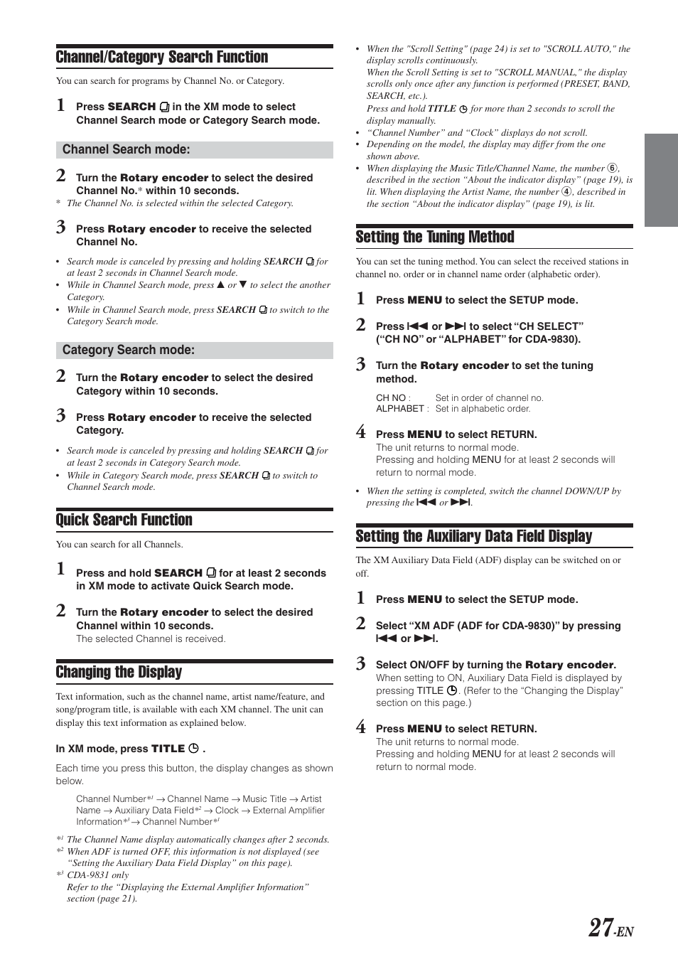 Channel/category search function, Quick search function, Changing the display | Setting the tuning method, Setting the auxiliary data field display | Alpine CDA-9831 User Manual | Page 29 / 42