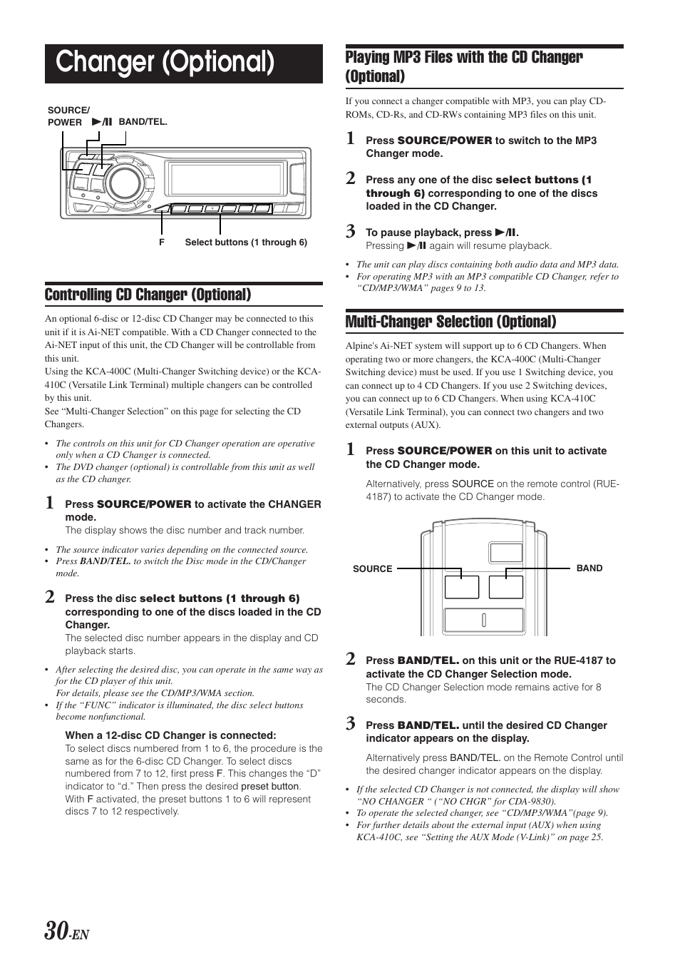 Changer (optional), Controlling cd changer (optional), Playing mp3 files with the cd changer (optional) | Multi-changer selection (optional) | Alpine CDA-9831 User Manual | Page 32 / 42