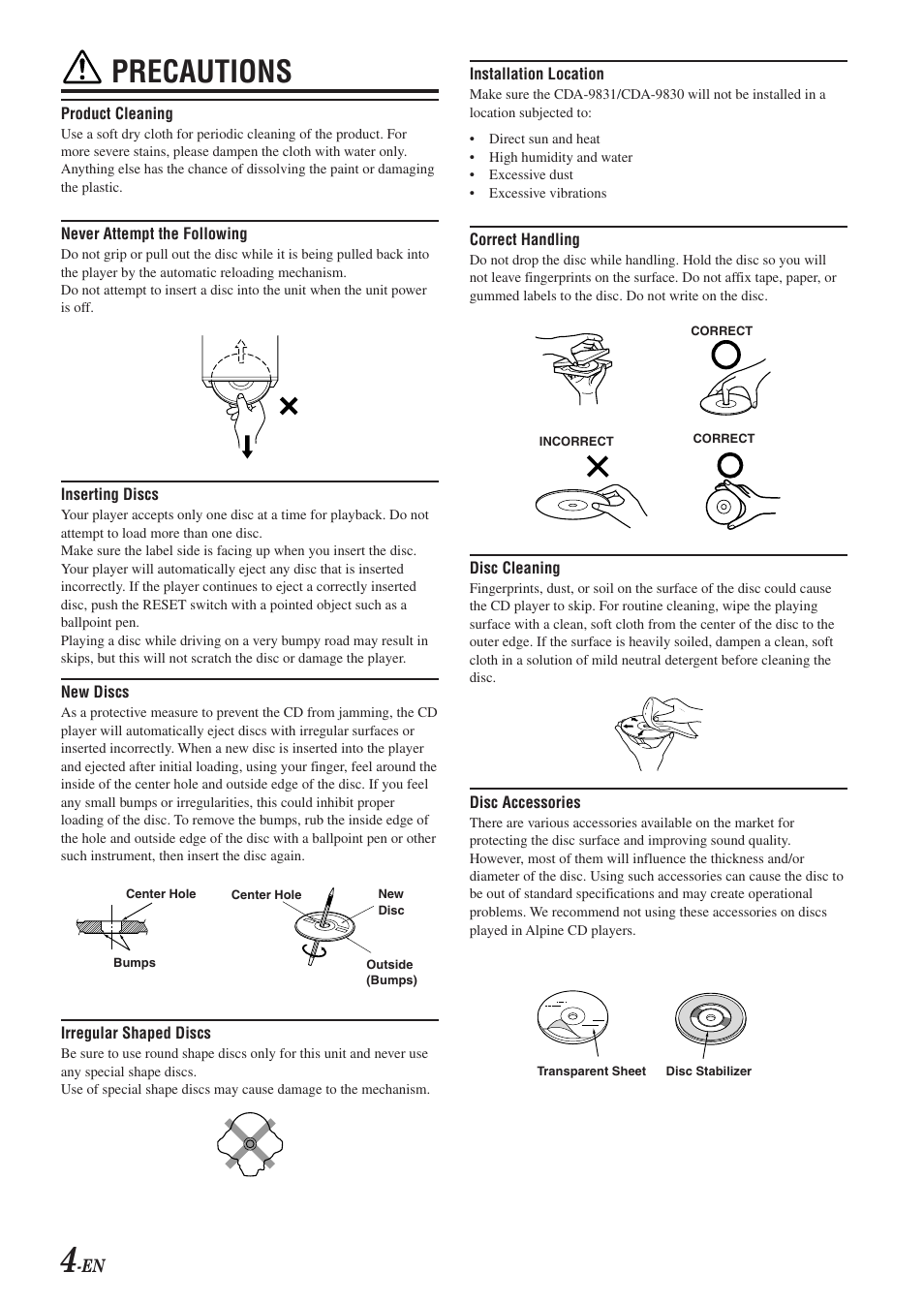 Precautions | Alpine CDA-9831 User Manual | Page 6 / 42