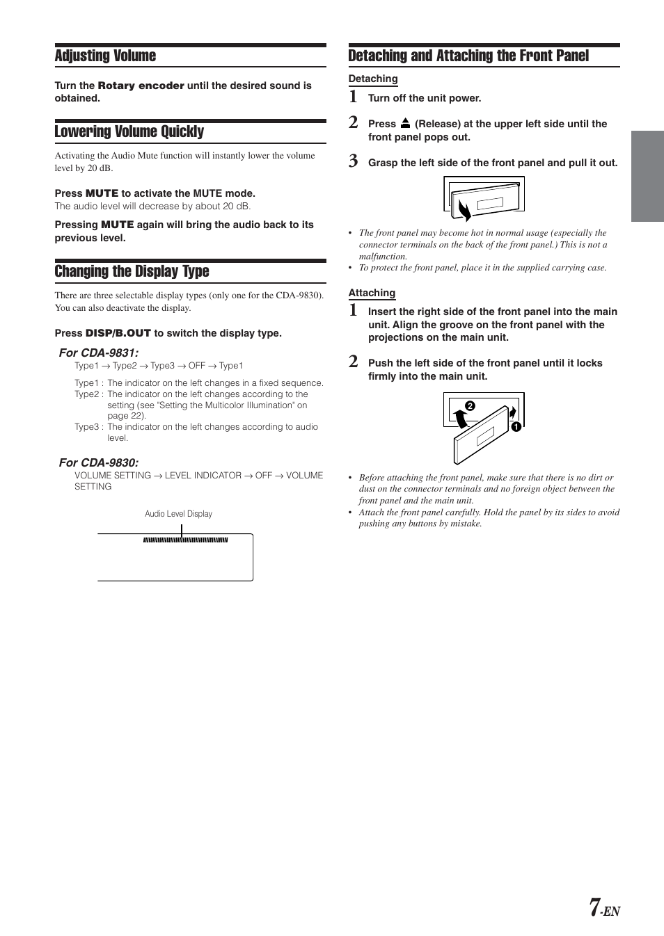 Adjusting volume, Lowering volume quickly, Changing the display type | Detaching and attaching the front panel | Alpine CDA-9831 User Manual | Page 9 / 42