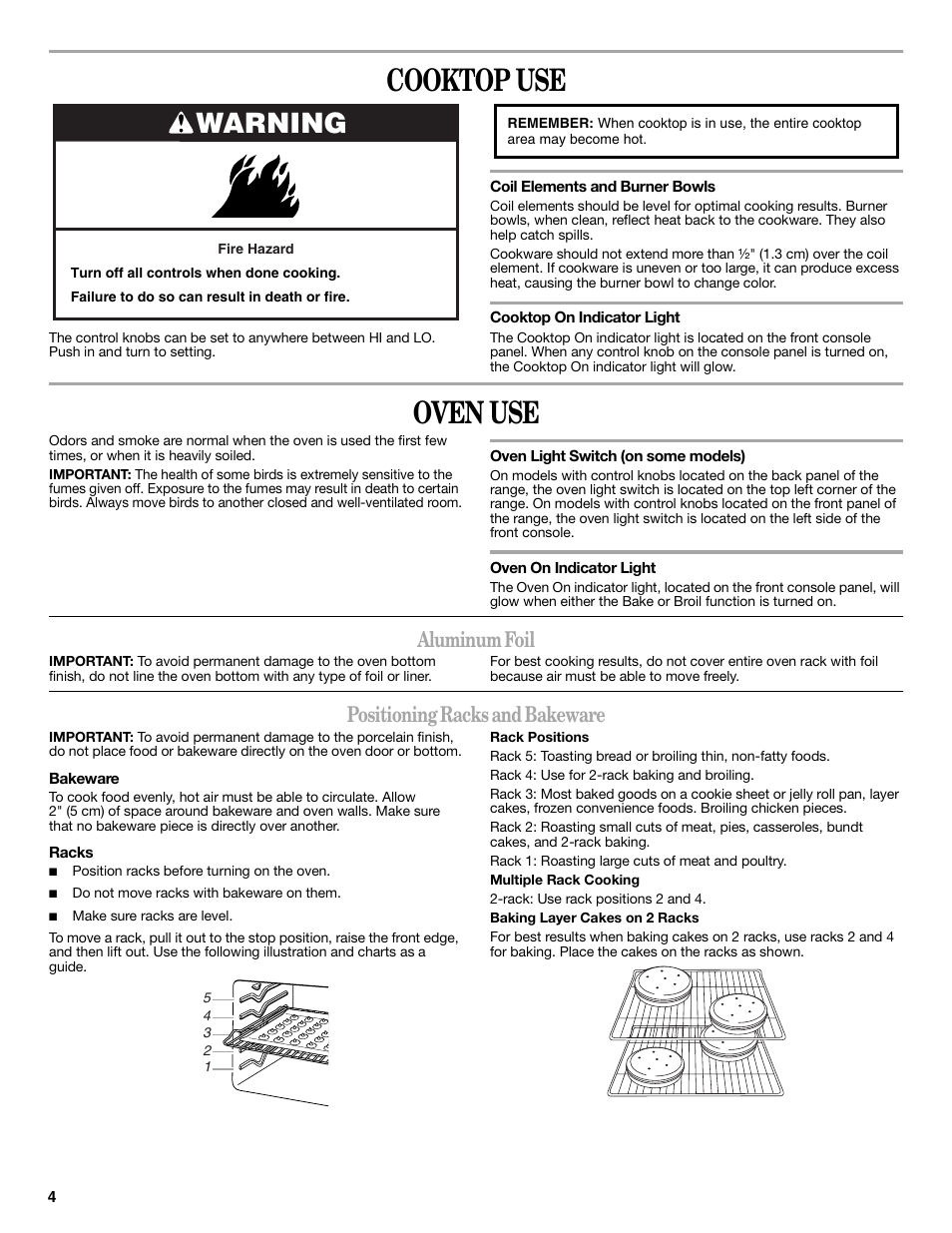 Cooktop use, Oven use, Warning | Aluminum foil, Positioning racks and bakeware | Whirlpool WFC340S0AS User Manual | Page 4 / 12