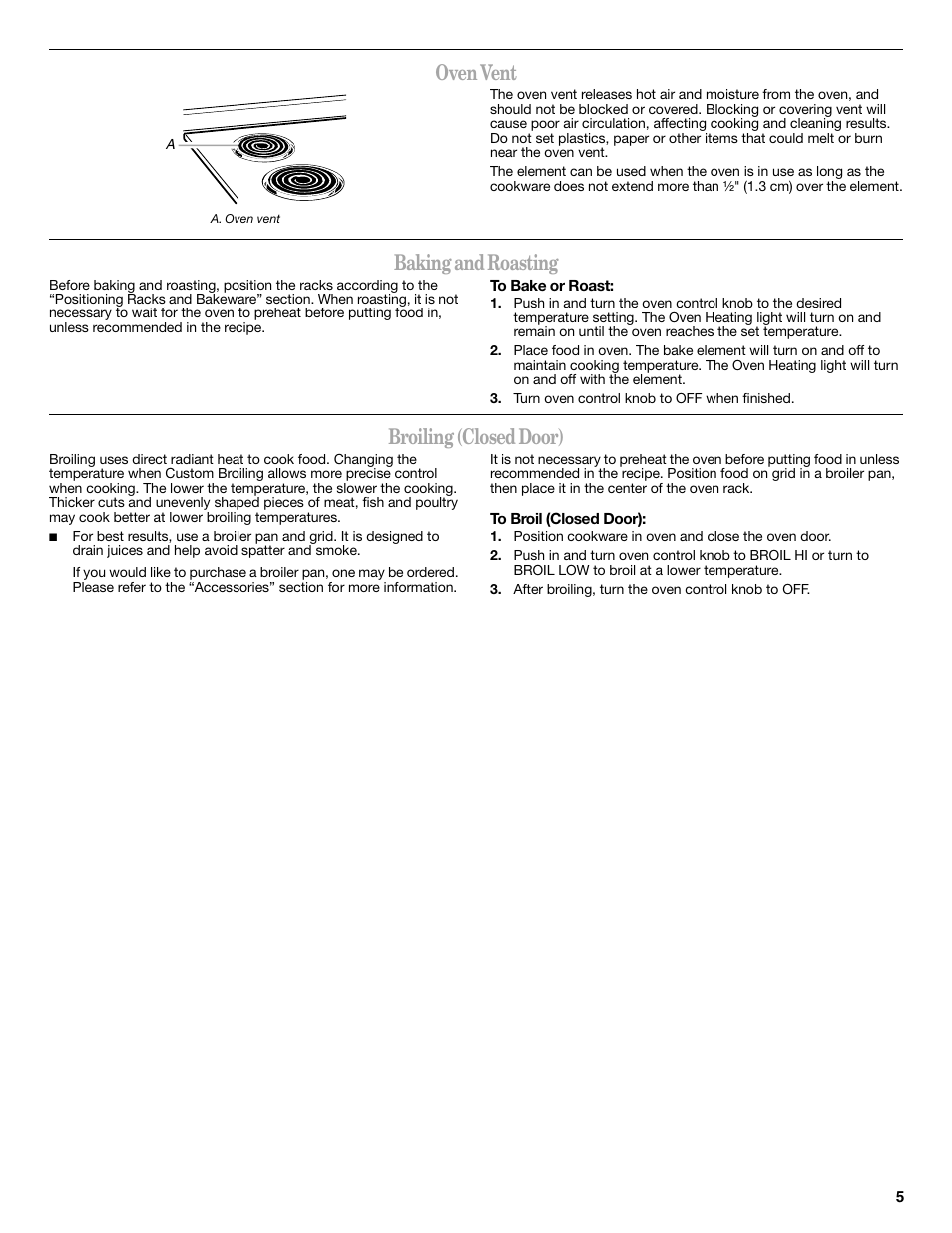 Oven vent, Baking and roasting, Broiling (closed door) | Whirlpool WFC340S0AS User Manual | Page 5 / 12