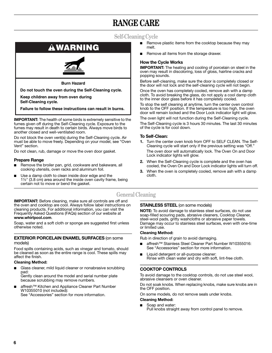 Range care, Warning, Self-cleaning cycle | General cleaning | Whirlpool WFC340S0AS User Manual | Page 6 / 12