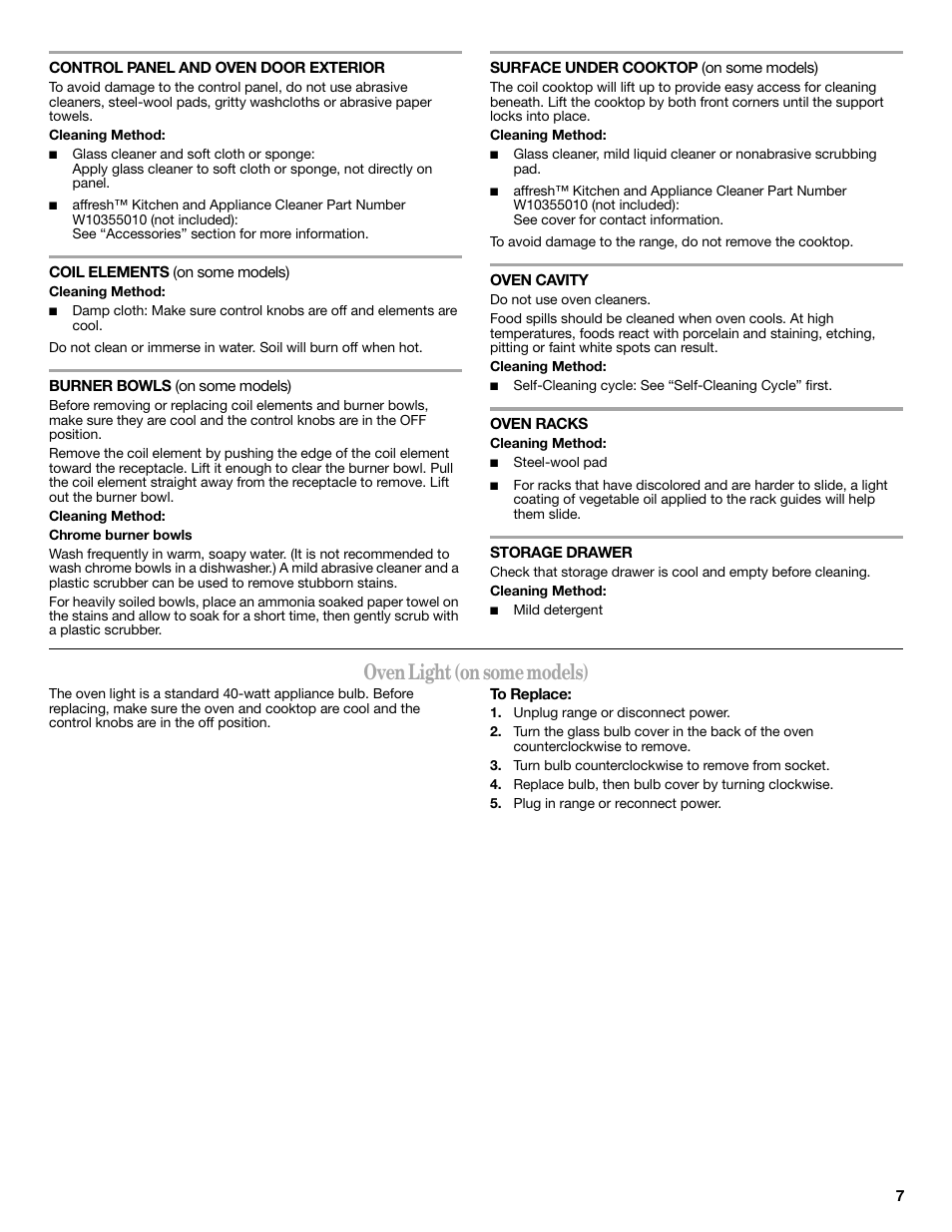 Oven light (on some models) | Whirlpool WFC340S0AS User Manual | Page 7 / 12