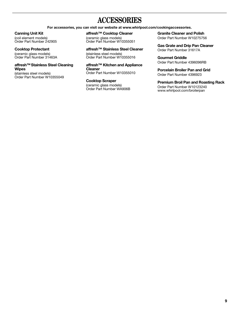 Accessories | Whirlpool WFC340S0AS User Manual | Page 9 / 12