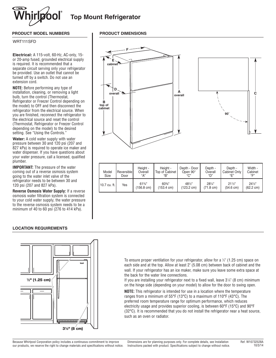 Whirlpool WRT111SFDM User Manual | 1 page