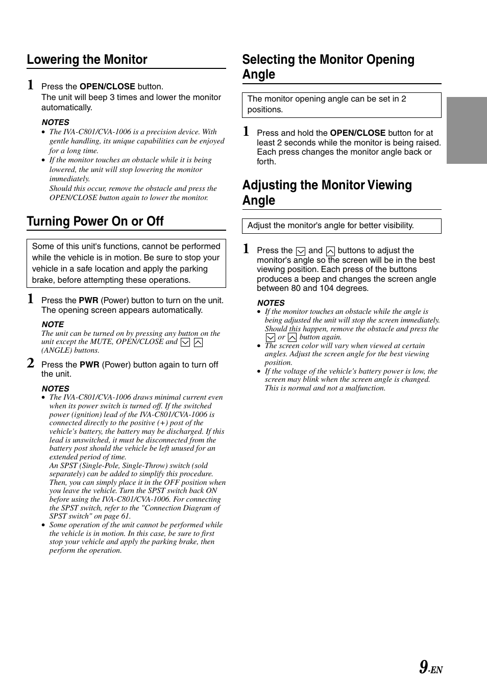 Lowering the monitor, Turning power on or off, Selecting the monitor opening angle | Adjusting the monitor viewing angle | Alpine IVA-C801 User Manual | Page 11 / 68